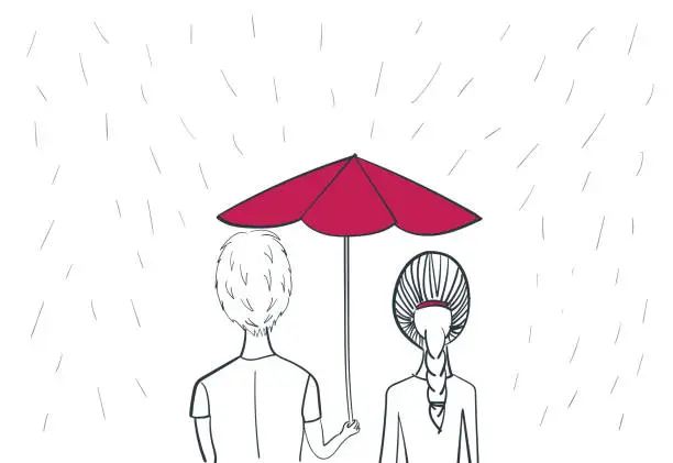 Vector illustration of couple under red umbrella