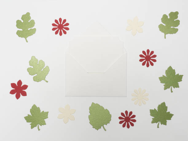 envelope branco com espaço branco da cópia, folhas e flores verdes no fundo branco - red bauble audio - fotografias e filmes do acervo