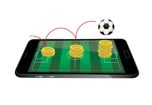 オンライン賭博のためのスタックコインサッカーフィールドとスマートフォン - mobile phone soccer symbol internet点のイラスト素材／クリップアート素材／マンガ素材／アイコン素材