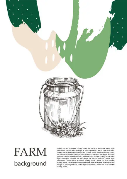 Vector illustration of Sample cover for agricultural brochure. Milk can and meadow flowers. Template for dairy farm. Background for flyers, banners, posters.