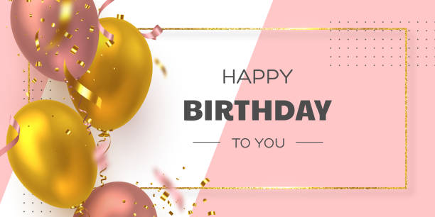 Happy Birthday holiday banner. Happy Birthday holiday banner with glittering golden frame, 3d realistic glossy balloons and falling confetti. White and pink background. Vector template for greeting card, poster. birthday stock illustrations