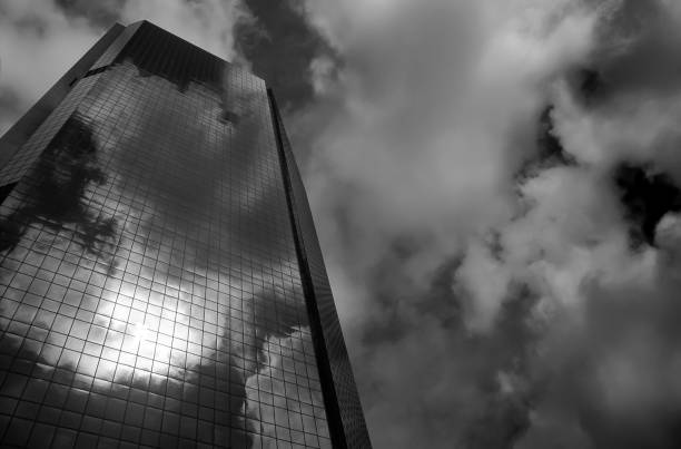 View of a skyscraper from directly below.