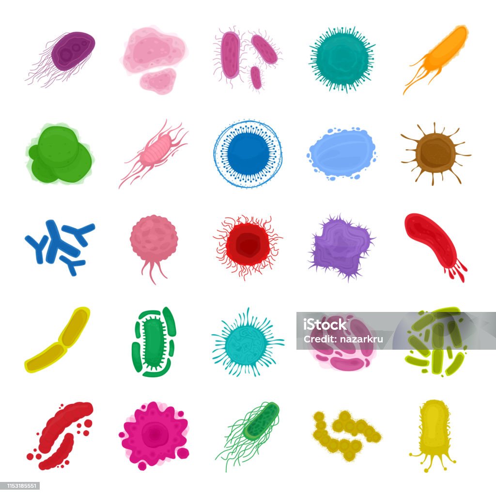 Gros ensemble bactéries et cellules virales isolées sur fond blanc. Micro-organismes, virus pandémiques, champignons. - clipart vectoriel de Cellule libre de droits