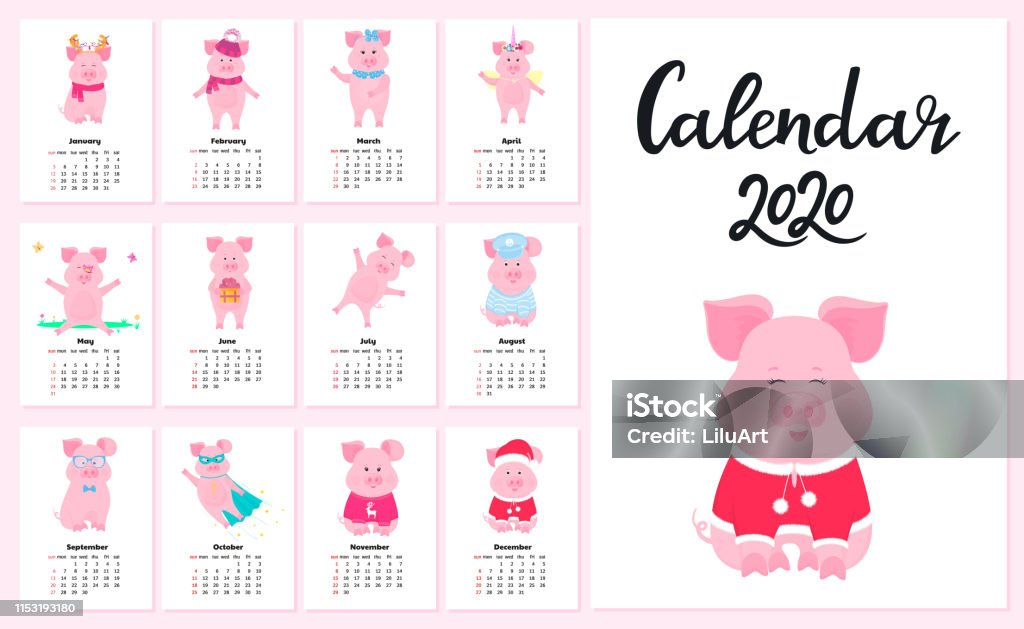 Calendar for 2020 from Sunday to Saturday. Cute pigs in different costumes. Superhero, sailor in a vest, unicorn, Santa Claus. Funny animal. Piggy cartoon character. Calendar for 2020 from Sunday to Saturday. Cute pigs in different costumes. Superhero, sailor in a vest, unicorn, Santa Claus. Funny animal. Piggy cartoon character 2020 stock vector