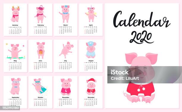 Calendar For 2020 From Sunday To Saturday Cute Pigs In Different Costumes Superhero Sailor In A Vest Unicorn Santa Claus Funny Animal Piggy Cartoon Character Stock Illustration - Download Image Now