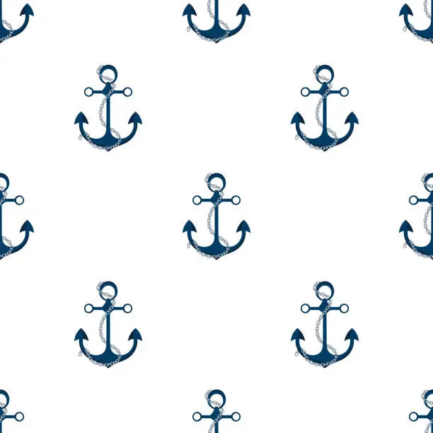 Vector illustration of Ship anchor with chain. Marine seamless pattern