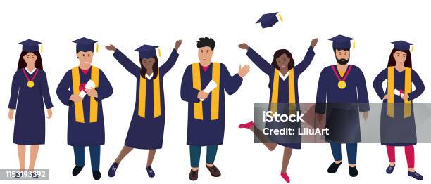 Young Girls Graduate In Graduation Gown And Hats With Tassels Trendy Flat Women Stock Illustration - Download Image Now