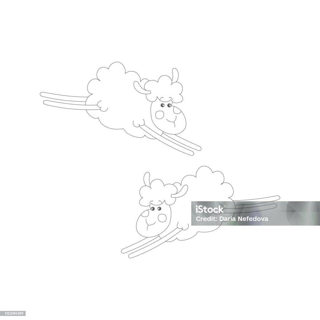 Isolates black and white jumping sheep in cartoon style. Cute isolated flying sheep. White background. Black and white sketch, element for a colouring book. Cartoon style illustration. Vector. Backgrounds stock vector