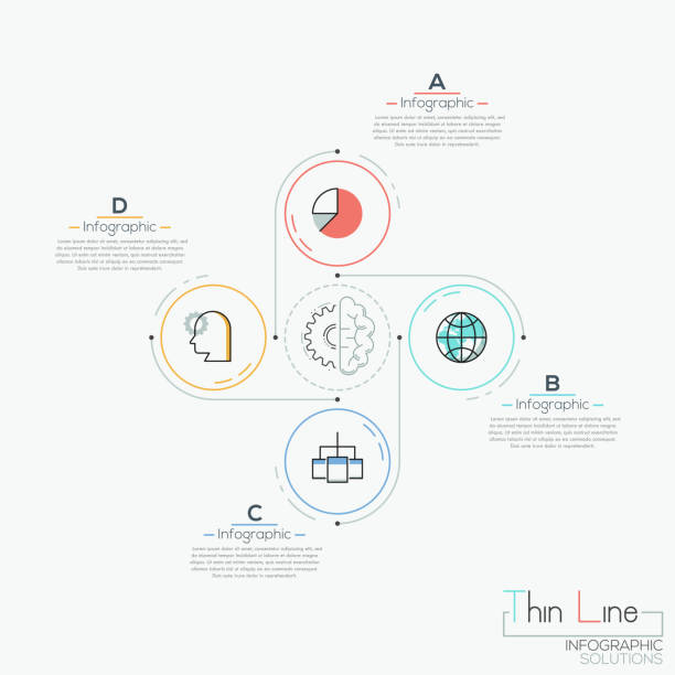 illustrations, cliparts, dessins animés et icônes de modèle de conception infographique moderne, 4 éléments circulaires avec pictogrammes placés autour - 2657