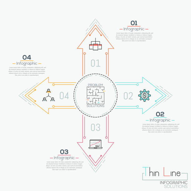 Creative infographic design layout Creative infographic design layout with 4 arrows pointing away from central element and numbered text boxes. Four problem solutions concept. Vector illustration in thin line style for presentation. 2667 stock illustrations
