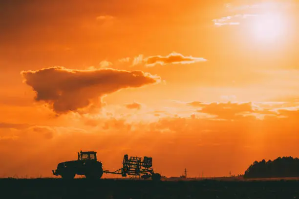 Tractor Rides On Countryside Road. Beginning Of Agricultural Spring Season. Cultivator Pulled By A Tractor In Rural Field Landscape Under Sunny Summer Sunset Sunrise Sky. Backlit Dramatic Lighting.