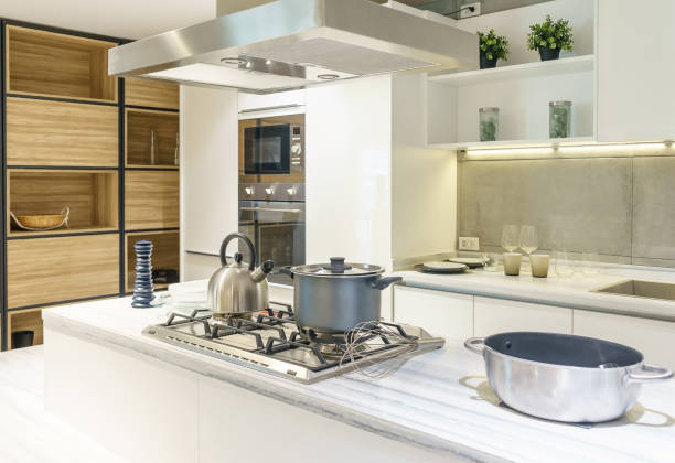 istock Bright modern kitchen with stainless steel appliances. Interior design. 1153197796