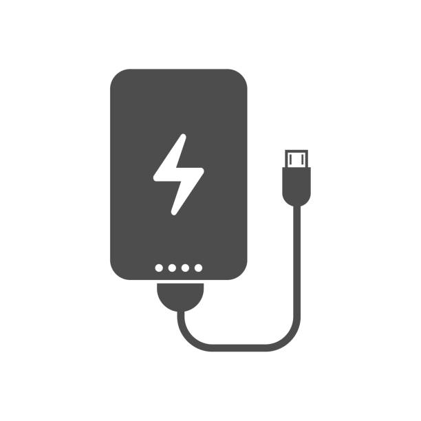portable power bank power bank portable charging device for smartphones and mobile phones with electricity sign, charge indicator and usb cable. vector icon isolated on white background. web icon for mobile and ui design phone charger stock illustrations