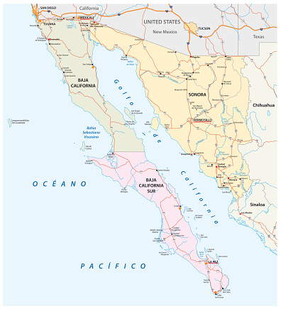 Road map of the Mexican states of Sonora, Baja California, and Baja California South