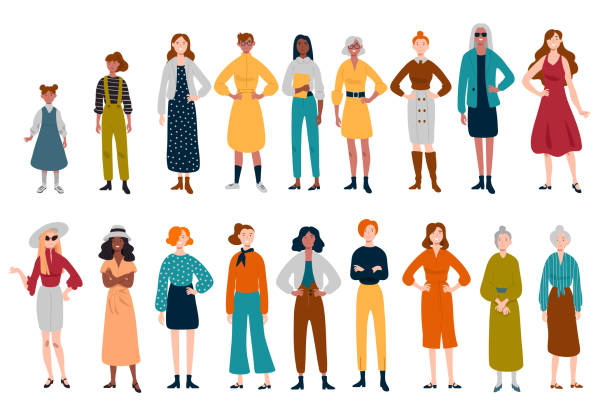 ilustraciones, imágenes clip art, dibujos animados e iconos de stock de las mujeres, muchos personajes femeninos de diferentes edades - multi generation family illustrations