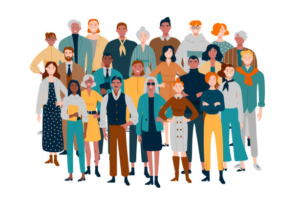 Portrait of business team. Diverse people standing together. Portrait of business team. Diverse people standing together. large group of people illustrations stock illustrations