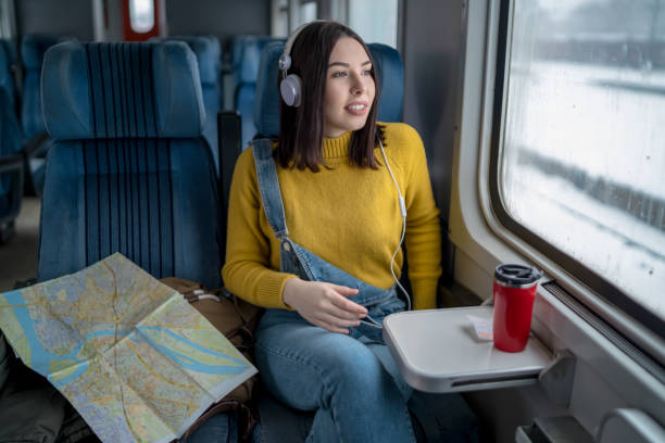 istock Young woman traveling by train 1153200004