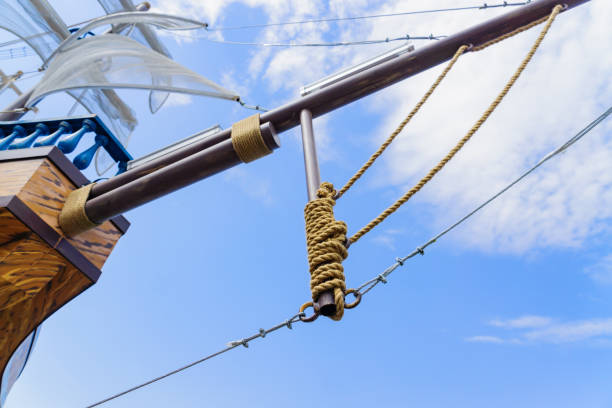 istock Sails and boat nose against blue sky. 1153200287