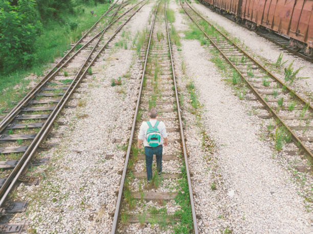 Adult man with backpack walking on railroad track. Photo is taken with camera attached to a flying drone.