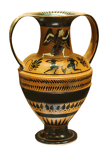 antique greek amphora with a mythical hero isolated on the white background