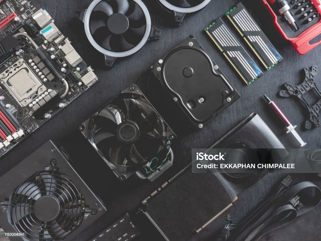Top View Of Computer Parts With Harddisk Ram Cpu Graphics Card And  Motherboard On Black Table Background Stock Photo - Download Image Now -  iStock