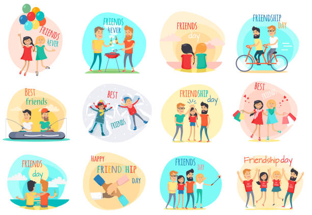 Friendship Best Friends Forever. Relations. Vector Friendship. Best friend forever. International friends. Celebration happy friends day. Positive emotions. True friend. Friend's shopping, riding on bicycle, fishing, picnic, party. Flat design. Vector forever friends stock illustrations