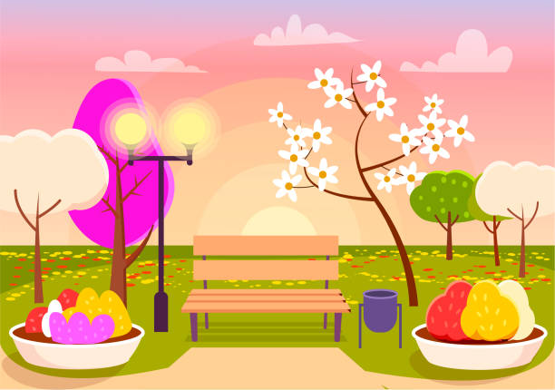 ilustraciones, imágenes clip art, dibujos animados e iconos de stock de paisaje primaveral. parque urbano con banco, macizos de flores - japanese maple maple tree leaf backgrounds