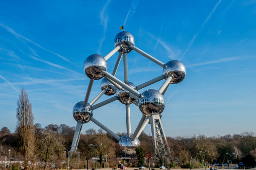 Brussels / Belgium - 02 15 2019: The Atomium is a landmark building in Brussels, originally constructed for the 1958 Brussels World's Fair. It is located on the Heysel Plateau, where the exhibition took place. It is now a museum