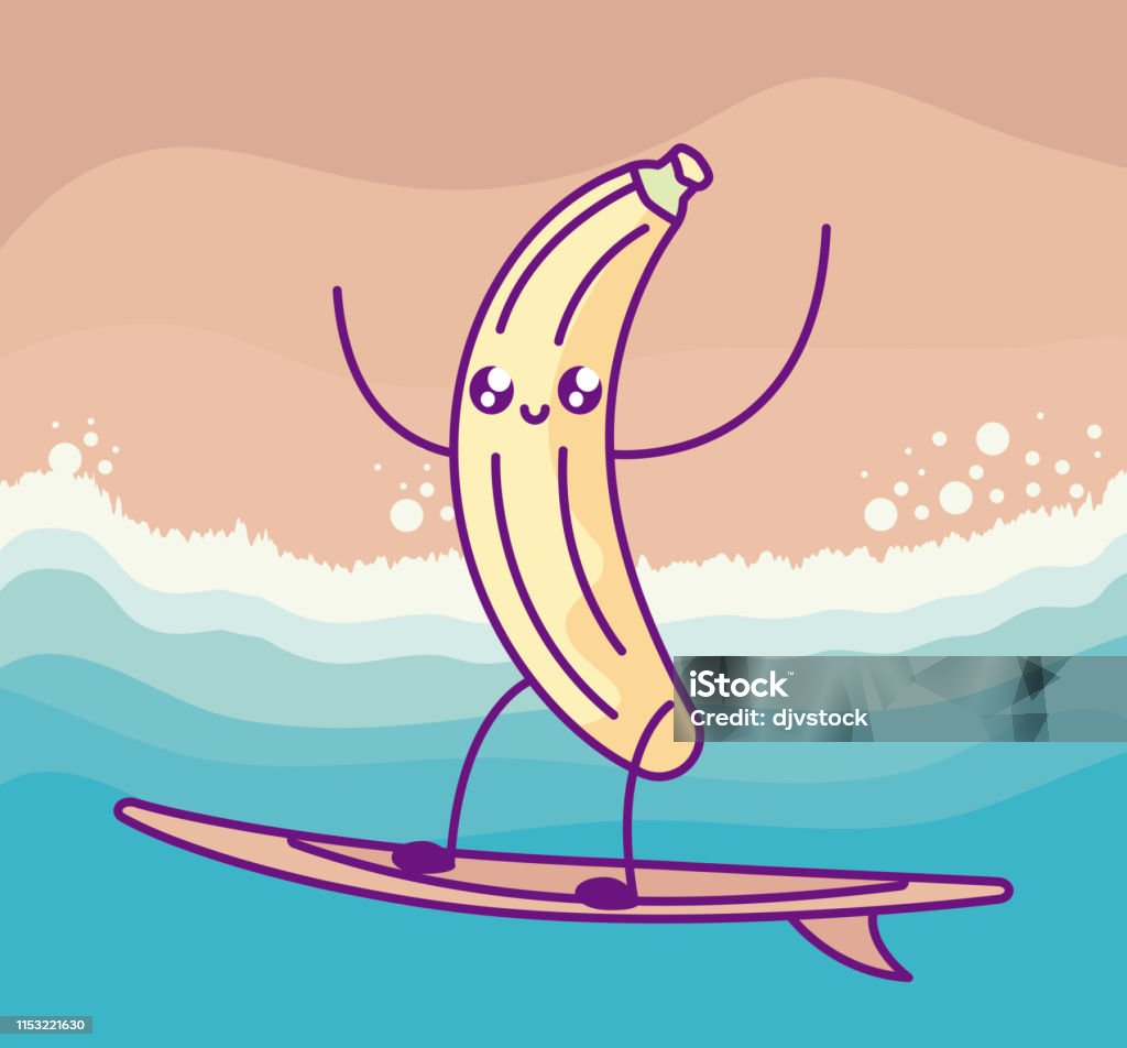 Ilustración de Cartel De Verano Con Plátano En Tabla De Surf Kawaii y más Vectores Libres de Derechos de Humor -