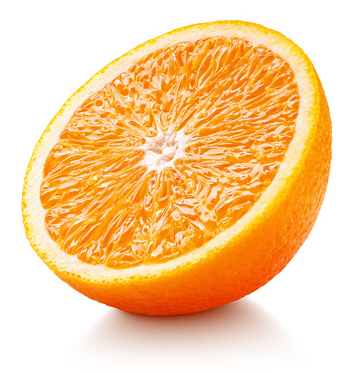 Ripe orange half isolated on white background. Orange citrus fruit with clipping path. Full depth of field.