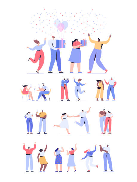 Friendship. Birthday party. People big vector set. Couples. Male and female flat characters isolated on white background. happy birthday best friend stock illustrations