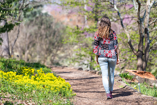 Roanoke, USA Mill Mountain Park in Virginia during spring with Wildflower garden yellow wild flowers and young woman walking on path