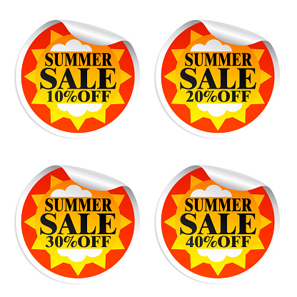 Summer sale stickers 10,20,30,40 with sun.Vector illustration
