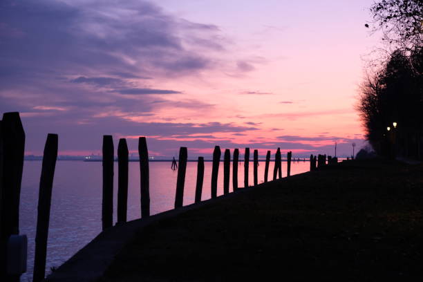 istock Violet sunset over water with black shadows 1153228301