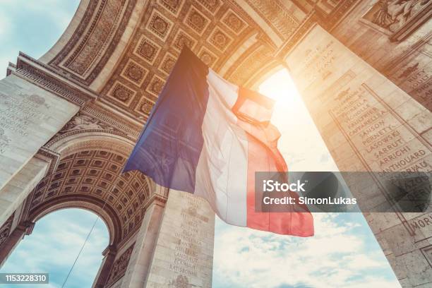 French Flag At Arc De Triomphe On 14th Of July Stock Photo - Download Image Now - France, French Flag, Bastille Day