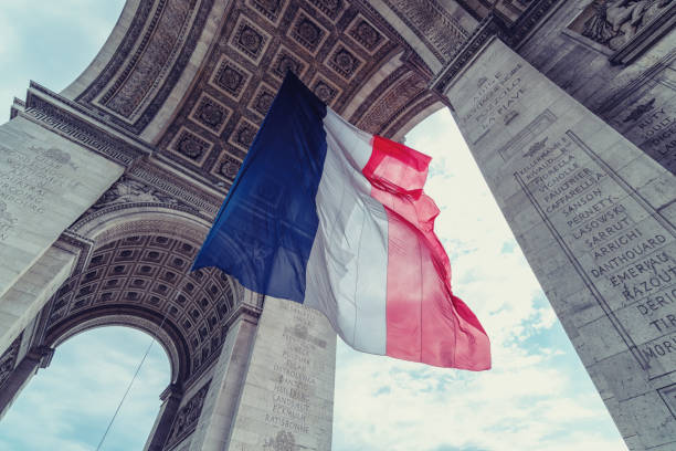 french flag at arc de triomphe french flag at arc de triomphe during bastille day bastille day photos stock pictures, royalty-free photos & images