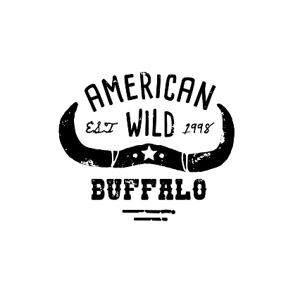 Western Logo Skull Buffalo hand Draw Grunge style. Wild West symbol sing of a cow's Horns and Retro Typography. Vintage Emblem for T-shirt Print. Vector Silhouette Illustration Cow