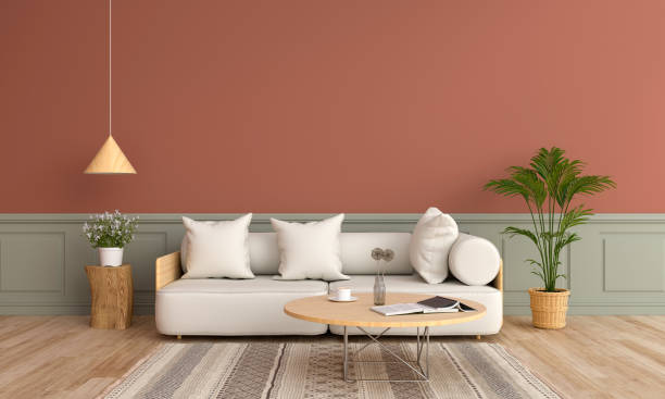 istock Sofa and wood round table in living room,3D rendering 1153232108