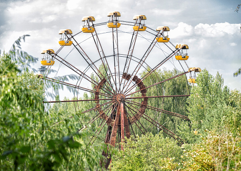 Abandoned ferris wheel in amusement park in Pripyat
