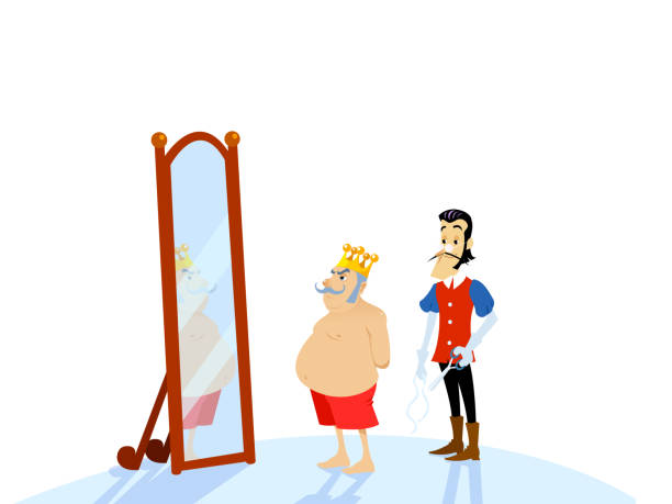 The Emperor's New Clothes Tale. Nude King Looking to Mirror. The Emperor's New Clothes Tale. King and Tailor in Saloon of the Palace. Nude King Looking to Mirror. Vectoral Illustration for Children Books, Covers, Blogs, Web Pages. White Background Isolated. emperor stock illustrations