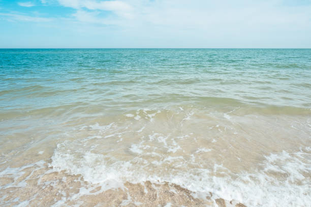 istock Blue turquoise sea waves with sand and sky clouds 1153234982