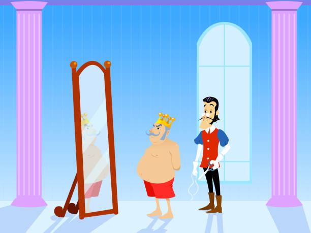 ilustraciones, imágenes clip art, dibujos animados e iconos de stock de la nueva historia de ropa del emperador. rey desnudo mirando al espejo. - covered nudity