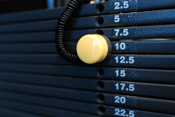 istock weight stack in a gym. Gym equipment 1153235240