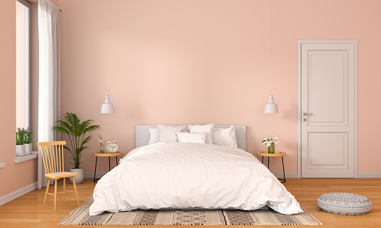 Bed and chair in bedroom interior for mockup, 3D rendering