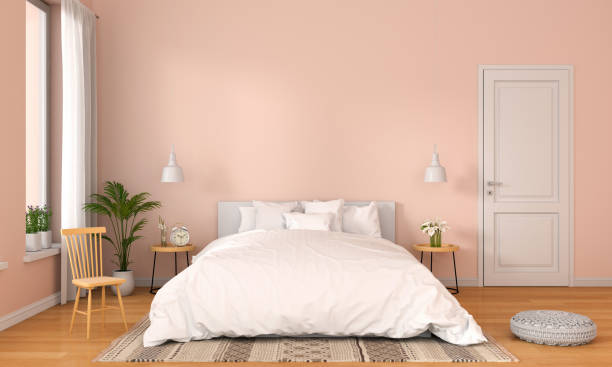 интерьер спальни для макета, 3d-рендеринга - bedroom wall pink bed стоковые фото и изображения