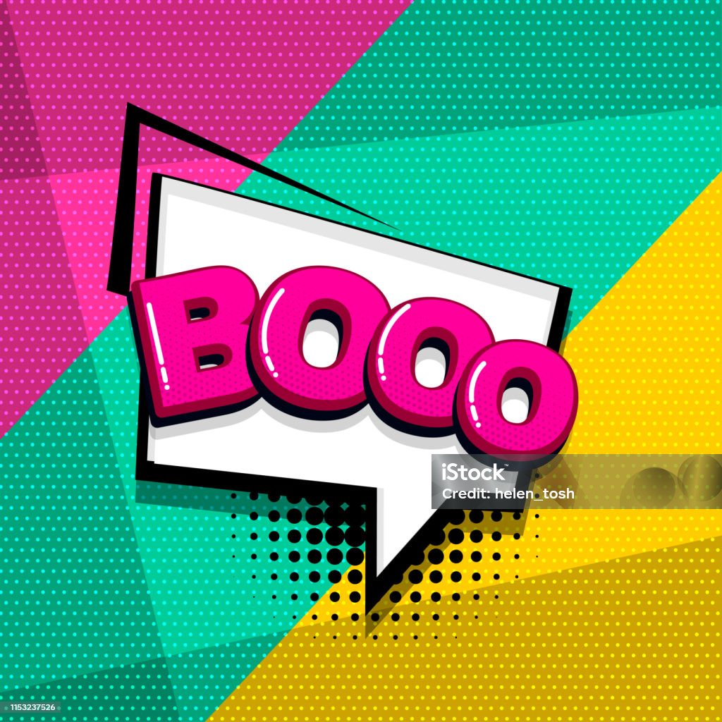 Pop art comic text Boo scare halloween comic text sound effects pop art style. Vector speech bubble word and short phrase cartoon expression illustration. Comics book colored background template. Abstract stock vector