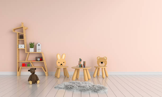 istock Wood table and chair in child room, 3D rendering 1153238813