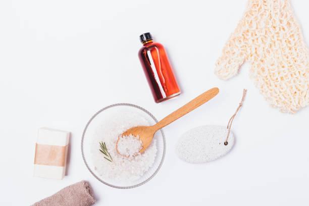 istock Bath themed flat layout of natural cosmetics and accessories 1153239017