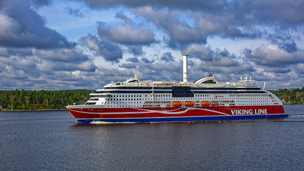 ferry ship grace of viking line sails through the stockholm archipelago in sweden at overcast winter morning. - stockholm sweden sea winter imagens e fotografias de stock