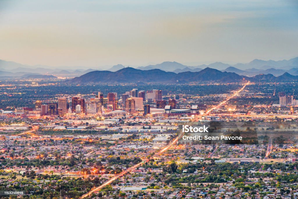 Phoenix, Arizona, USA downtown cityscape at dusk Phoenix, Arizona, USA downtown cityscape from above at dusk. Phoenix - Arizona Stock Photo